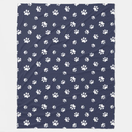 White Paw Prints Muster Navy Blue Fleecedecke