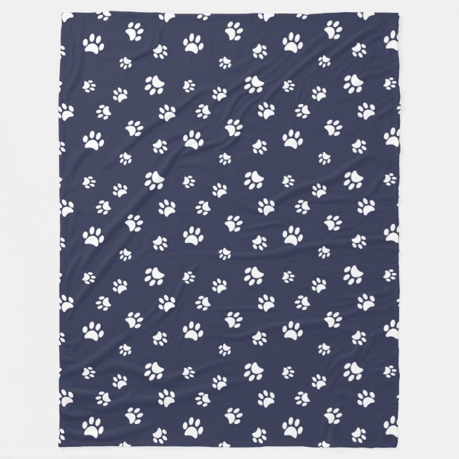 White Paw Prints Muster Navy Blue Fleecedecke (Vorderseite)