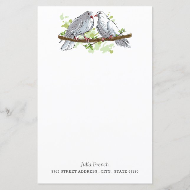 White Peace Dove Birds on Branch Stationery Paper (Vorderseite)