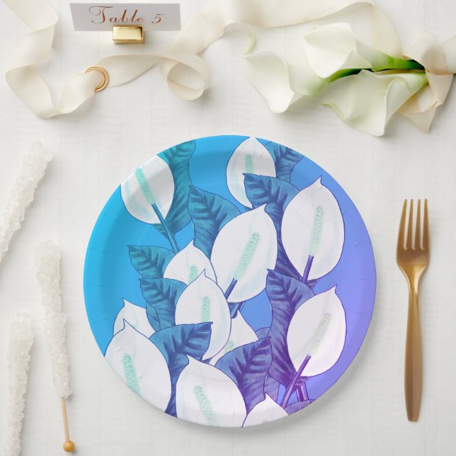 White Peace Lily Illustration Blassblau Lila Pappteller (Hochzeit)