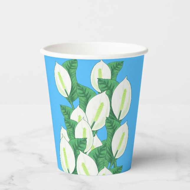 White Peace Lily Illustration Blassblau Pappbecher (Vorderseite)