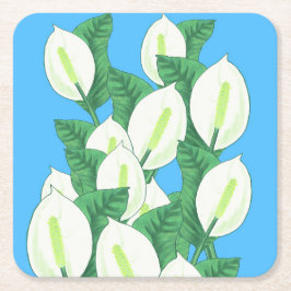 White Peace Lily Illustration Blassblau Rechteckiger Pappuntersetzer