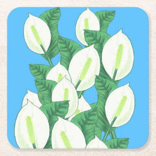 White Peace Lily Illustration Blassblau Rechteckiger Pappuntersetzer