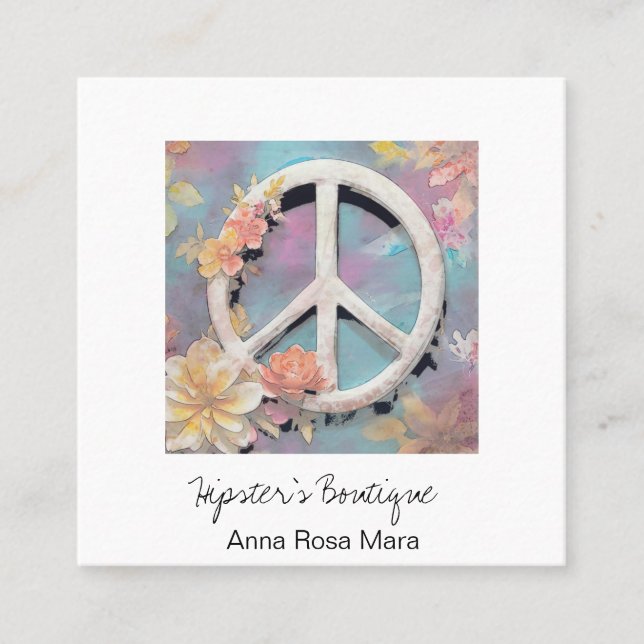 *~* White Peace Sign Blume Grunge Boho QR AP57 Quadratische Visitenkarte (Vorderseite)