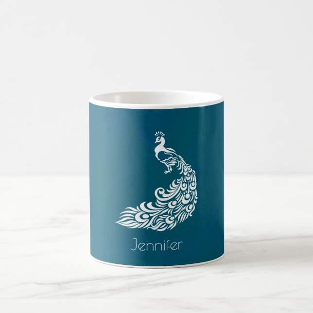 White Peacock auf Aquamarinem Chic Stilvoll Person Kaffeetasse (Mittel)