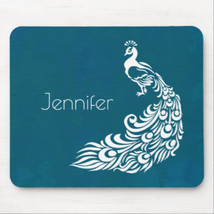 White Peacock auf Aquamarinem Chic Stilvolles Art  Mousepad