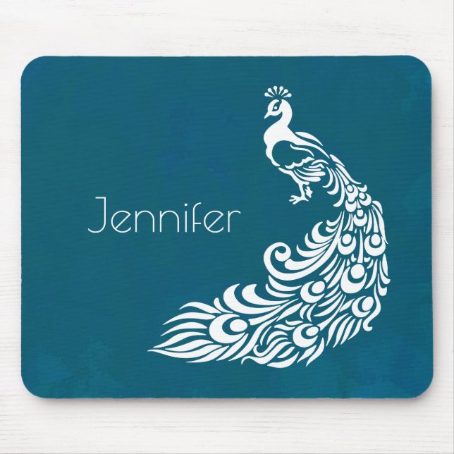 White Peacock auf Aquamarinem Chic Stilvolles Art  Mousepad (Vorne)