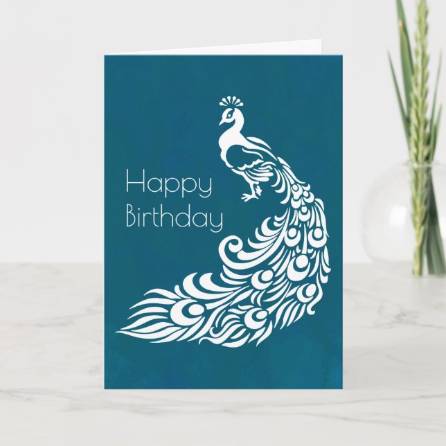 White Peacock auf Aquamarinem Glück zum Geburtstag Karte (Vorderseite)
