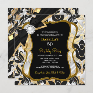 White Pearl Gold Bow Black Damask Geburtstag Einla Einladung