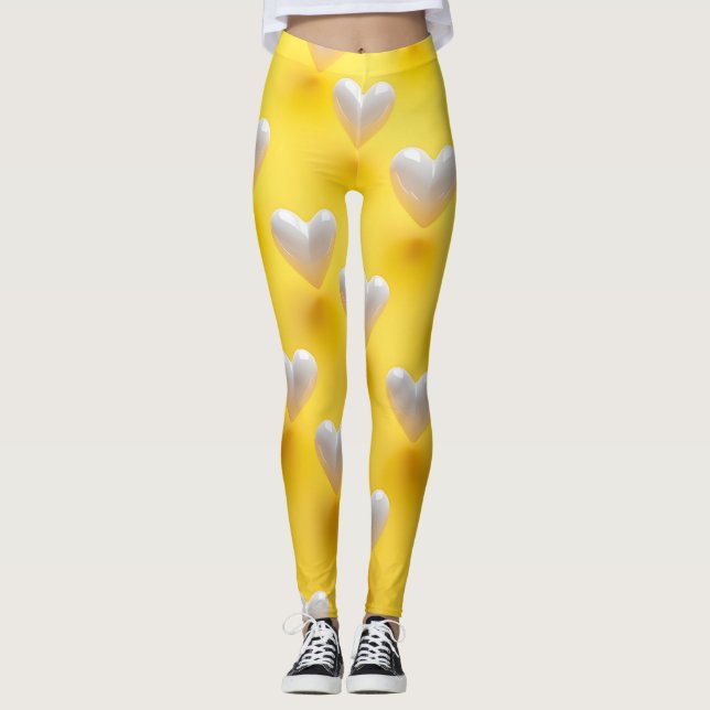 White Pearl Hearts on Yellow Leggings (Vorderseite)