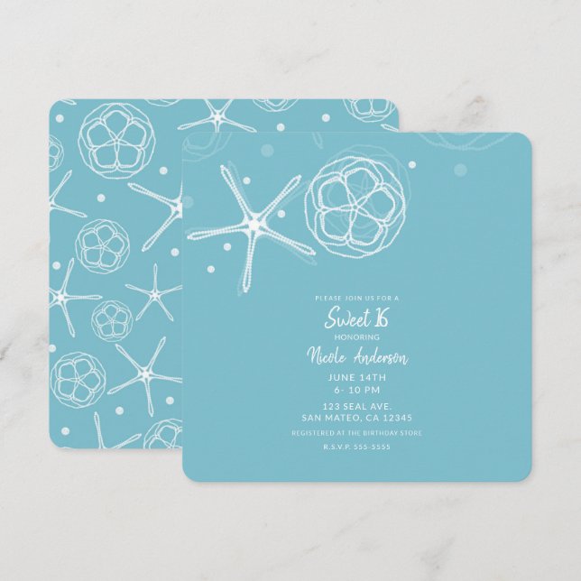 White Pearl Starfish Sweet 16 Sechzehn Party Einladung (Vorne/Hinten)