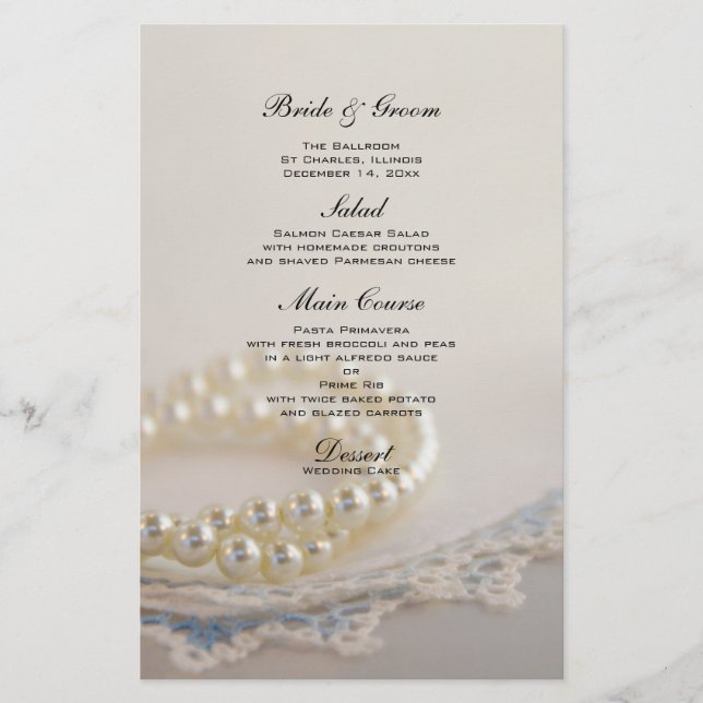 White Pearls und Blue Lace Wedding Menu (Vorderseite)
