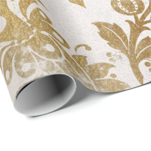 White Pearly Gold Floral Hütte Grungy Damask Geschenkpapier