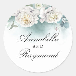 White Peonies Elegante Watercolor Grüne Watercolor Runder Aufkleber