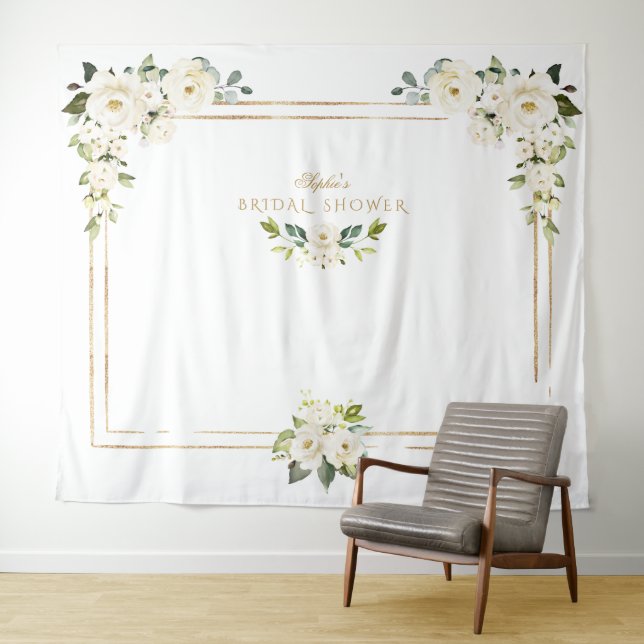 White Peonies Gold Foto Booth Brautparty Wandteppich (Beispiel (Horizontal))