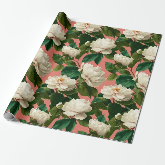 White Peonies on pechy background pattern Geschenkpapier (Ungerollt)