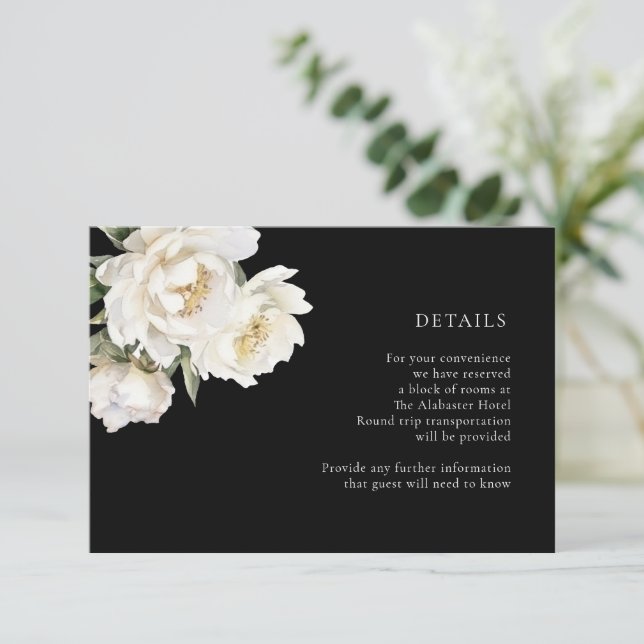 White Peonies Wedding Black Details Enclosure Card Begleitkarte (Stehend Vorderseite)