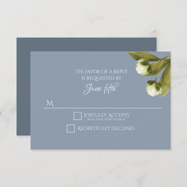 White Peonings mit Dusty Blue Wedding RSVP (Vorne/Hinten)