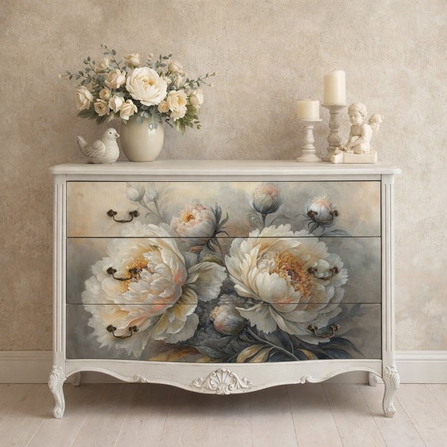 White Peony Bloom Decoupage Seidenpapier (Urban Bohemian Woman Neutral Tones Decoupage Tissue Paper Mockup)