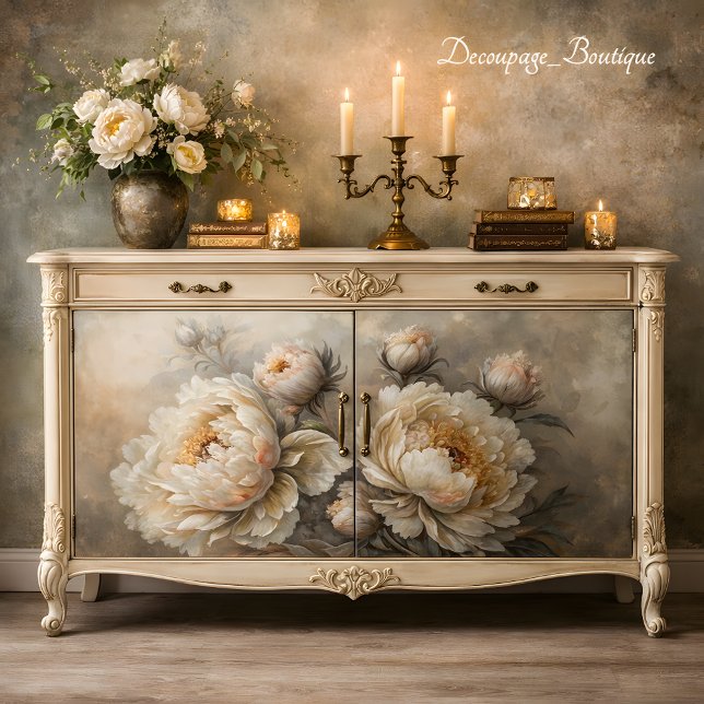 White Peony Bloom Decoupage Seidenpapier (Urban Bohemian Woman Neutral Tones Decoupage Tissue Paper Mockup)