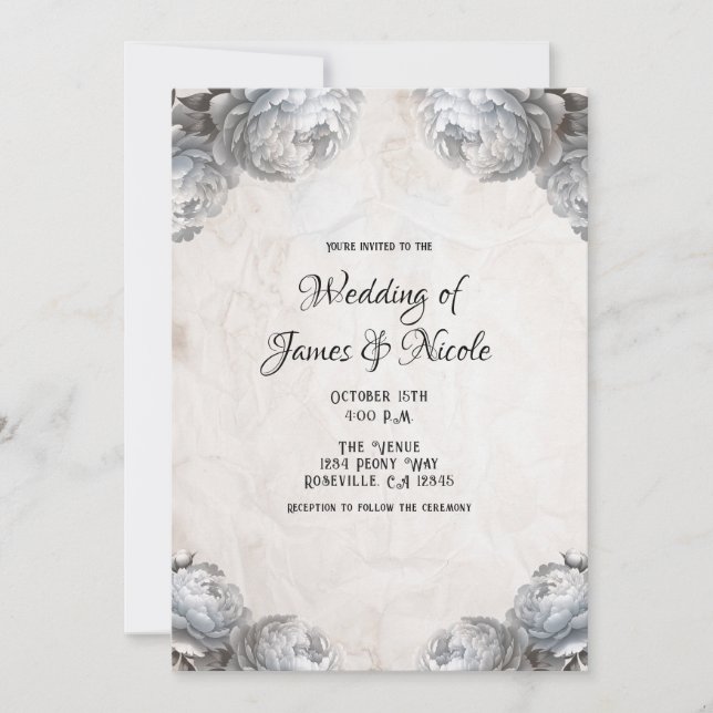 White Peony Blume Vintag Rustic Wedding Einladung (Vorderseite)