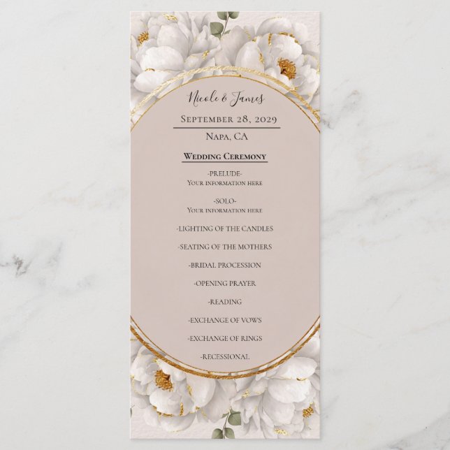 White Peony & Blush Rose Floral Wedding Program Menükarte (Vorderseite)