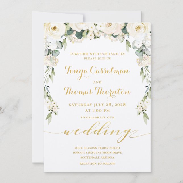 White Peony Epiphany Wedding Gold Calligraphy Einladung (Vorderseite)