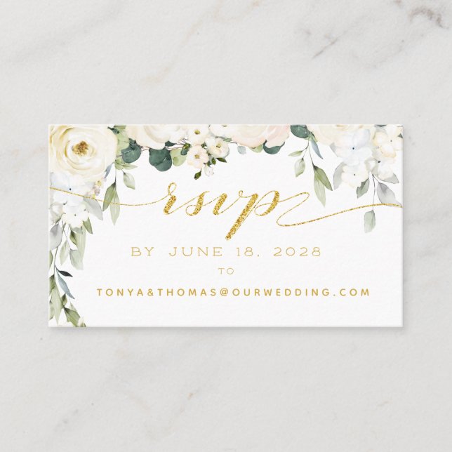 White Peony Epiphany Wedding RSVP Online Card Visitenkarte (Vorderseite)