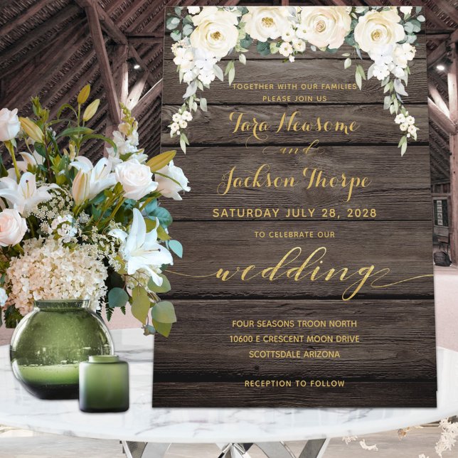 White Peony Epiphany Wedding Rustic Barboard Einladung (Von Creator hochgeladen)