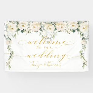 White Peony Extravagant Gold Calligraphy Willkomme Banner