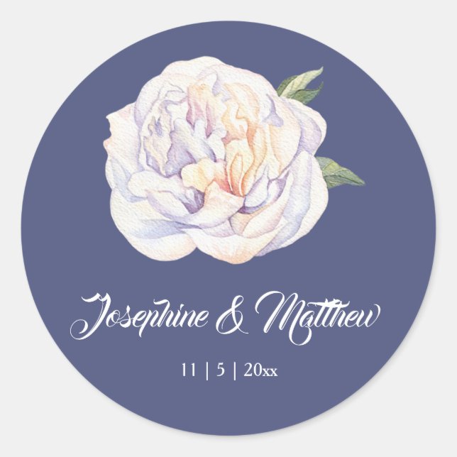 White Peony Floral Blue Wedding Stickers (Vorderseite)