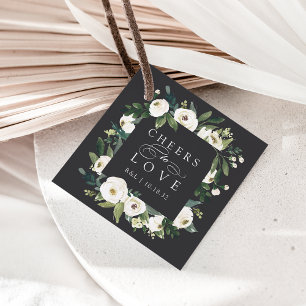 White Peony Floral Frame "Cheers to Liebe" Hochzei Geschenkanhänger