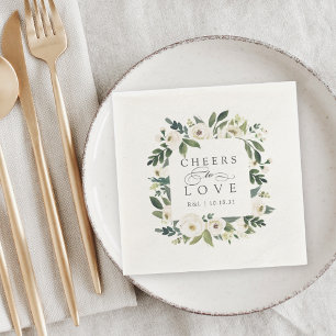 White Peony Floral Frame "Cheers to Liebe" Hochzei Serviette