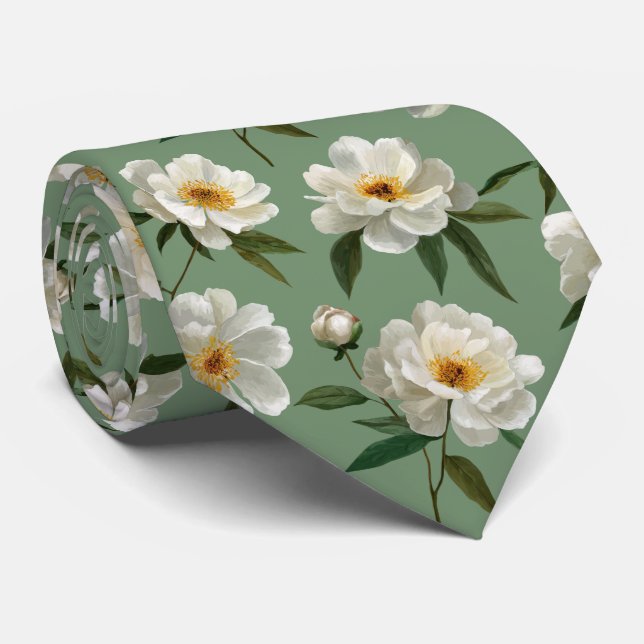 White Peony Floral Pattern Krawatte (Gerollt)