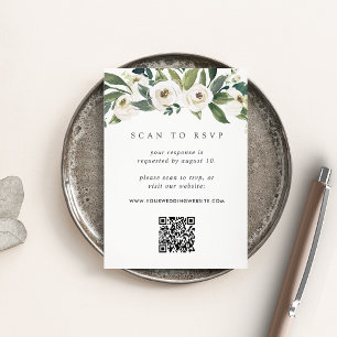 White Peony Floral QR Code Wedding RSVP Begleitkarte