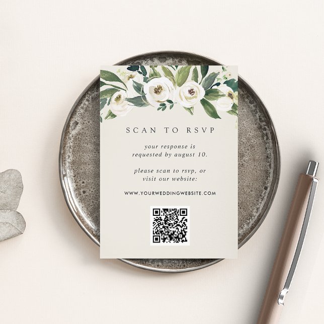 White Peony | Floral QR Code Wedding RSVP Begleitkarte (Von Creator hochgeladen)