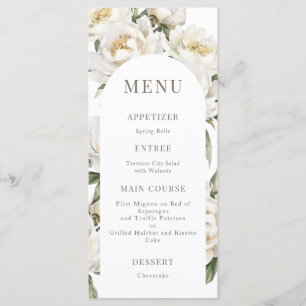 White Peony Floral Wedding Arch Menü Menükarte