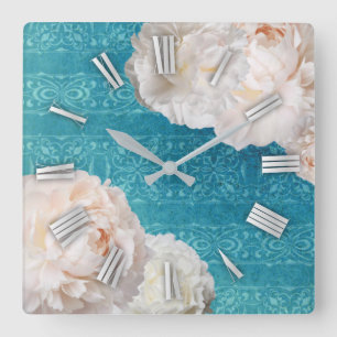 White Peony Flowers On Turquoise Damask Pattern Quadratische Wanduhr