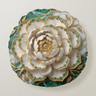 White Peony Gold Filigre Emerald Luxury Floral Art Rundes Kissen