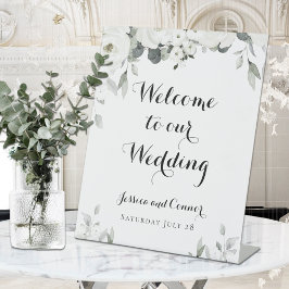 White Peony Greenerity Wedding Custom Welcome Sign Sockelschild