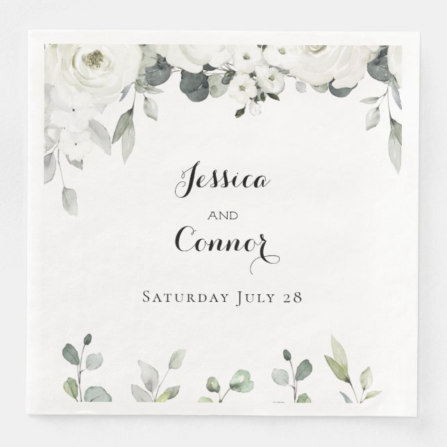 White Peony Greenery Elegant Wedding Serviette (Vorderseite)