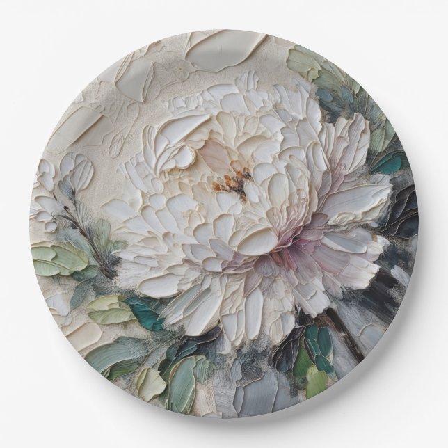 White Peony Impasto Art Pappteller (Vorderseite)