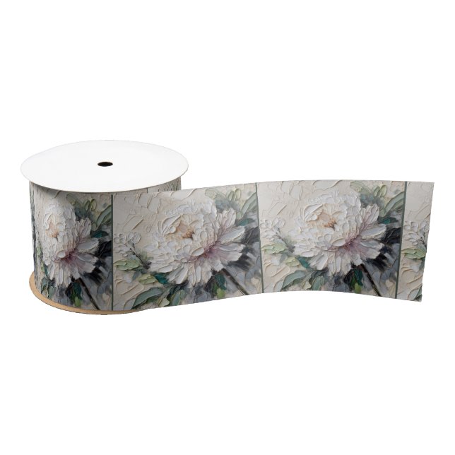 White Peony Impasto Art Satinband (Spule)