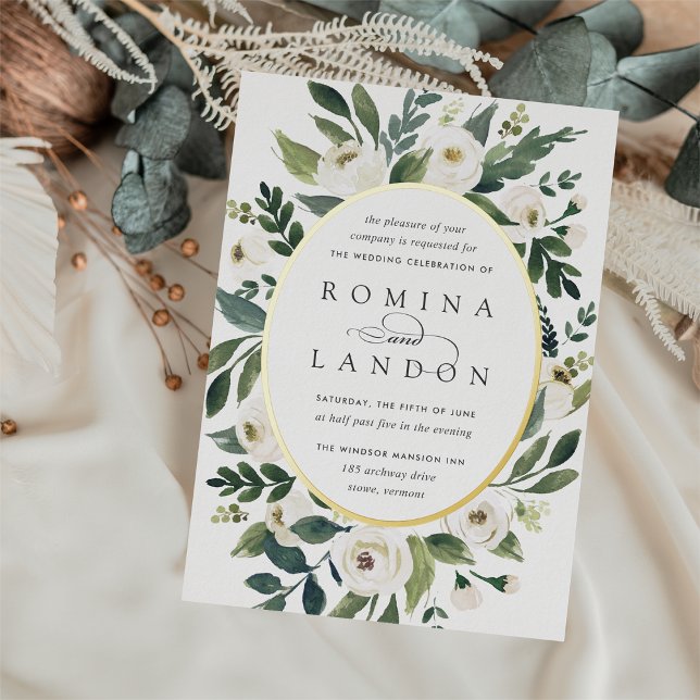 White Peony | Oval Frame Floral Wedding Folieneinladung (Von Creator hochgeladen)