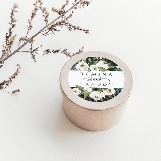 White Peony | Personalisierte Blumenhochzeit Runder Aufkleber (Von Creator hochgeladen)