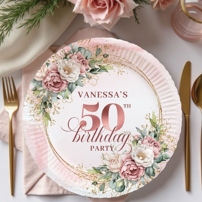 White Peony Rose Gold 50th Birthday Paper Plates Pappteller (White Peony Rose Gold 50th Birthday Paper Plates)