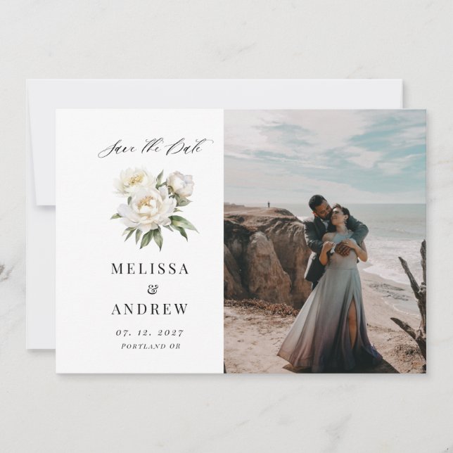 White Peony Save the Date Einladung (Vorderseite)