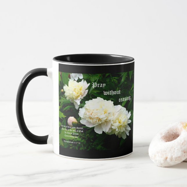 White Peony Trio, 1 Thessaloniker 5:17-18 Tasse (Mit Donut)