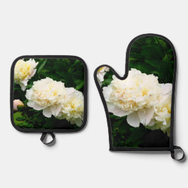 White Peony Trio Ofenhandschuh & Topflappen-Set