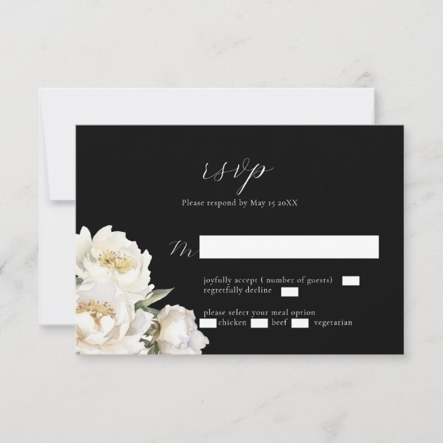 White Peony Wedding Black RSVP Card (Vorderseite)